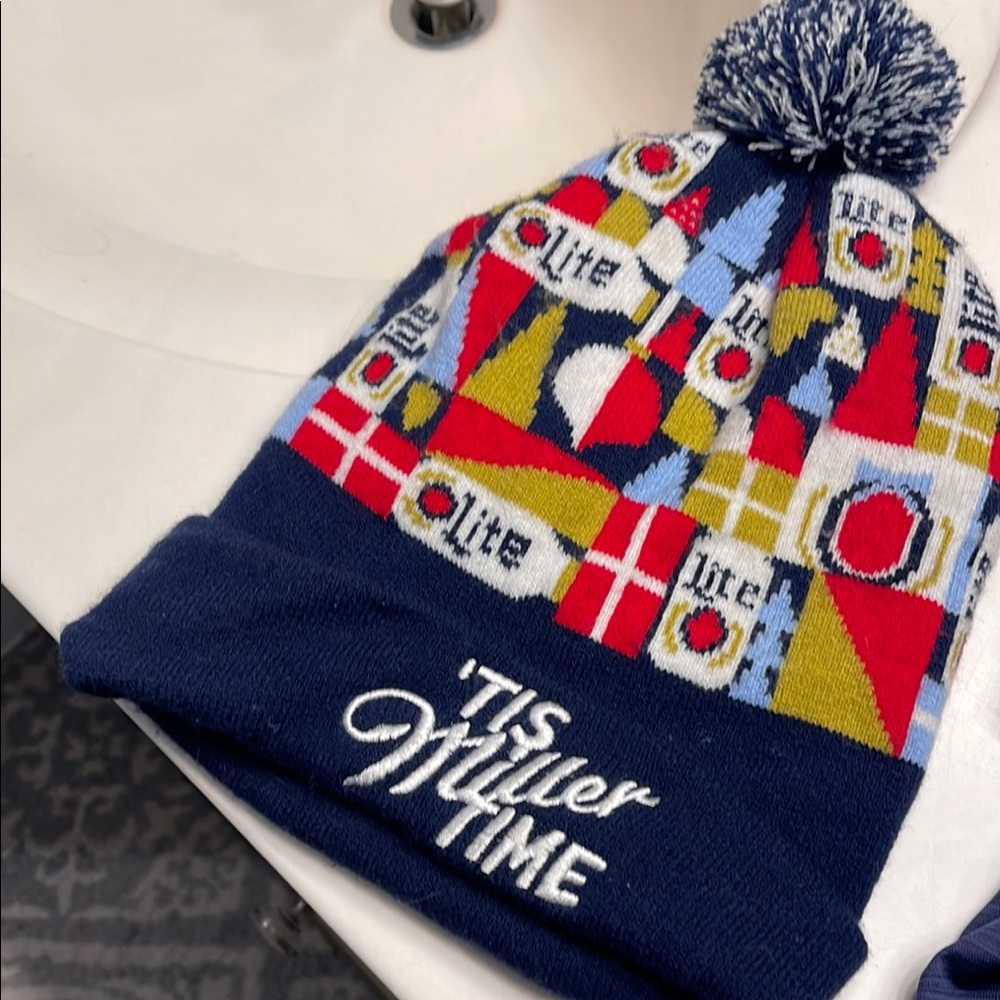 Blue Geometric Knit Beanie with Pom-Pom